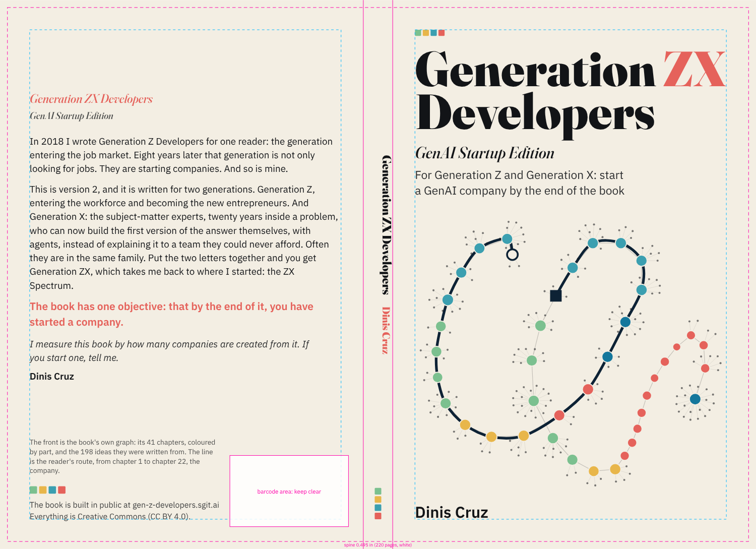 The paperback's full wrap, back, spine and front, with the print guides drawn