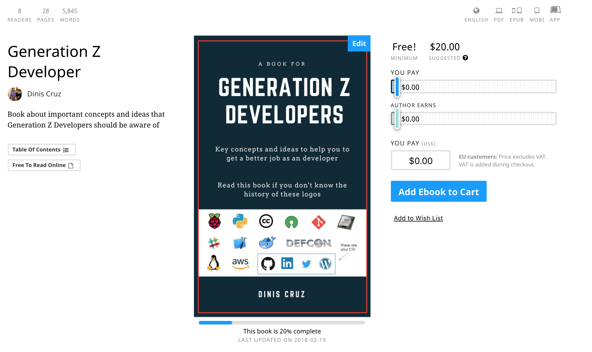 The book's Leanpub page in February 2018, 20% complete, the early cover with logos, free with a suggested $20.