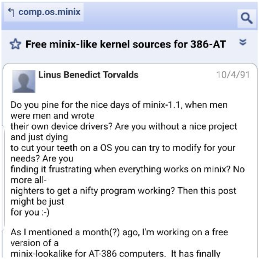 Linus Torvalds's post to comp.os.minix of 25 August 1991 announcing a free kernel for 386 machines, as shown in Google Groups.